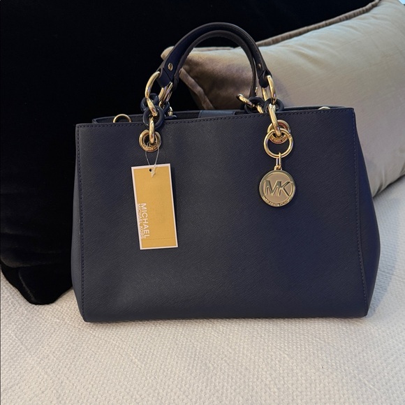 Michael Kors Navy Blue Satchel with Gold Accents - Picture 2 of 9